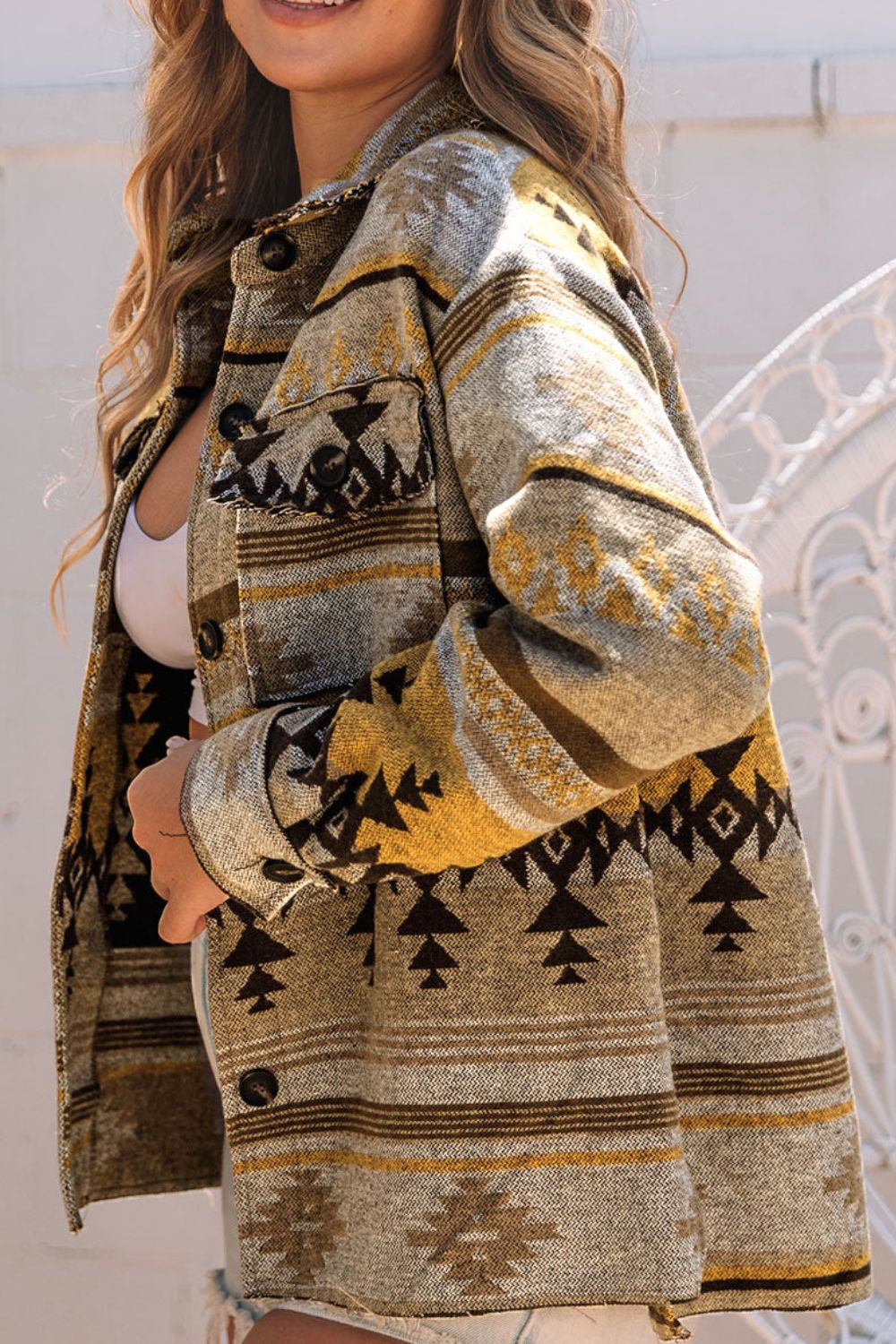 Pocketed Geometric Collared Neck Jacket - Charming Charlie