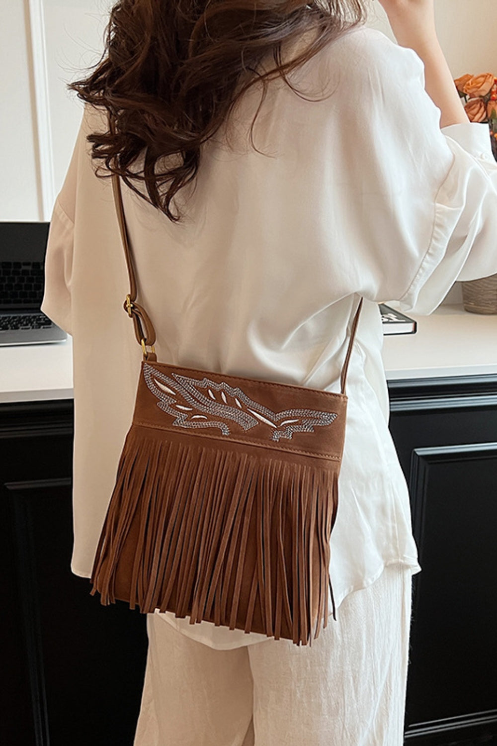 Suede Fringe Adjustable Strap Shoulder Bag - Charming Charlie