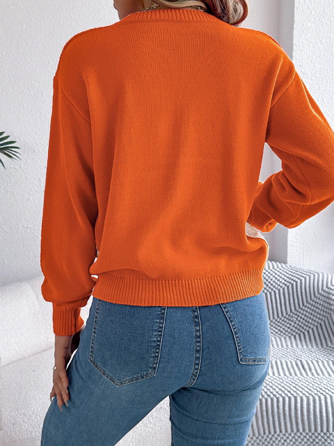 Contrast Round Neck Long Sleeve Sweater - Charming Charlie