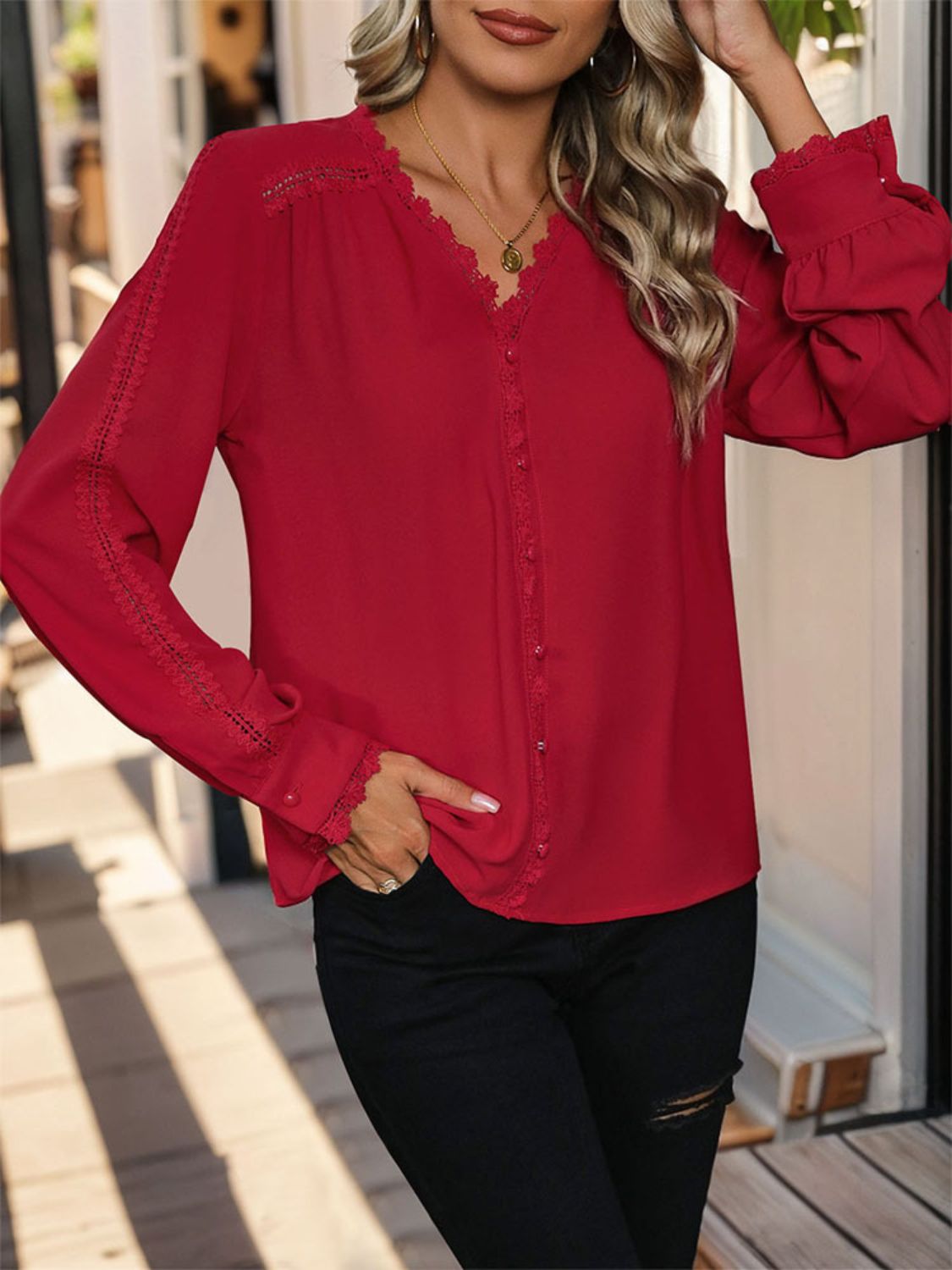 Lace Detail V-Neck Long Sleeve Blouse - Charming Charlie