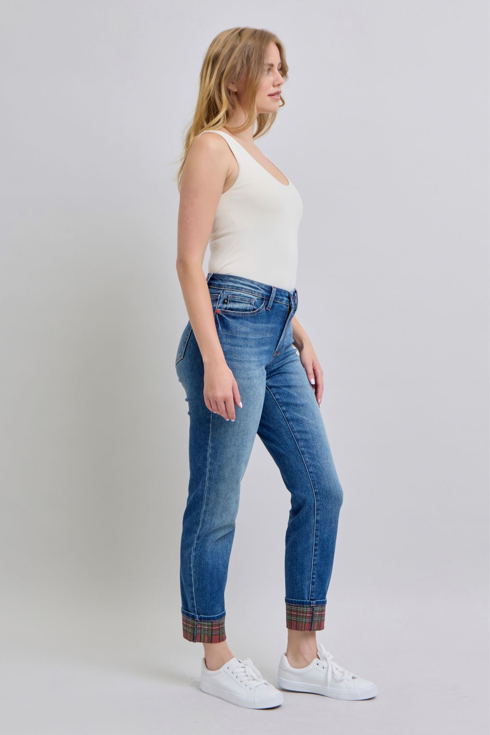 Judy Blue Full Size Plaid Print Cuff Straight Leg Jeans with Pockets - Charming Charlie