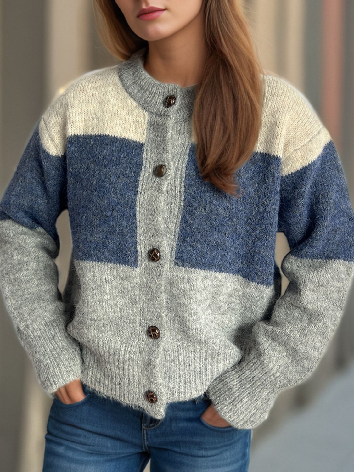Color Block Round Neck Button Up Cardigan - Charming Charlie