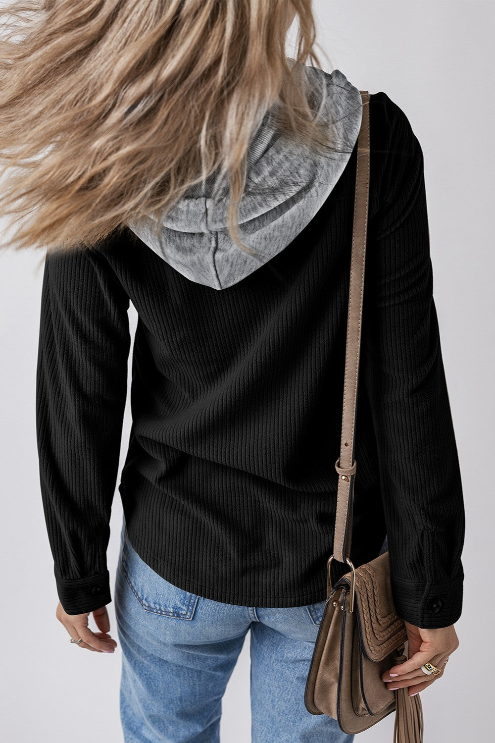 Drawstring Button Up Long Sleeve Hooded Jacket - Charming Charlie