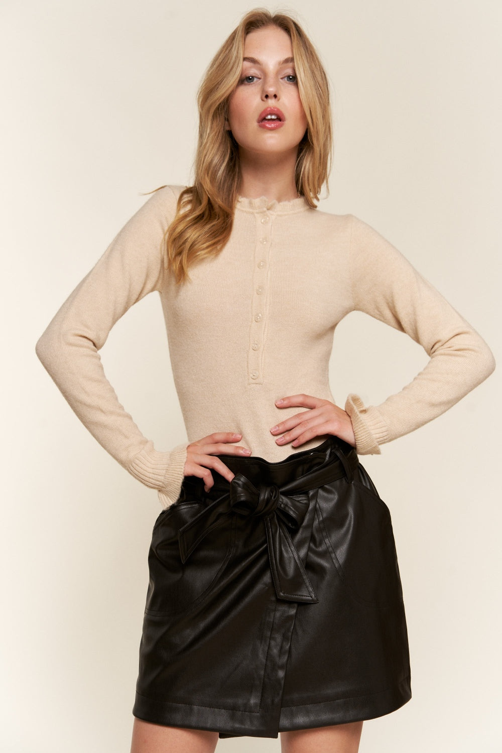 And The Why Half Button Round Neck Long Sleeve Bodysuit - Charming Charlie
