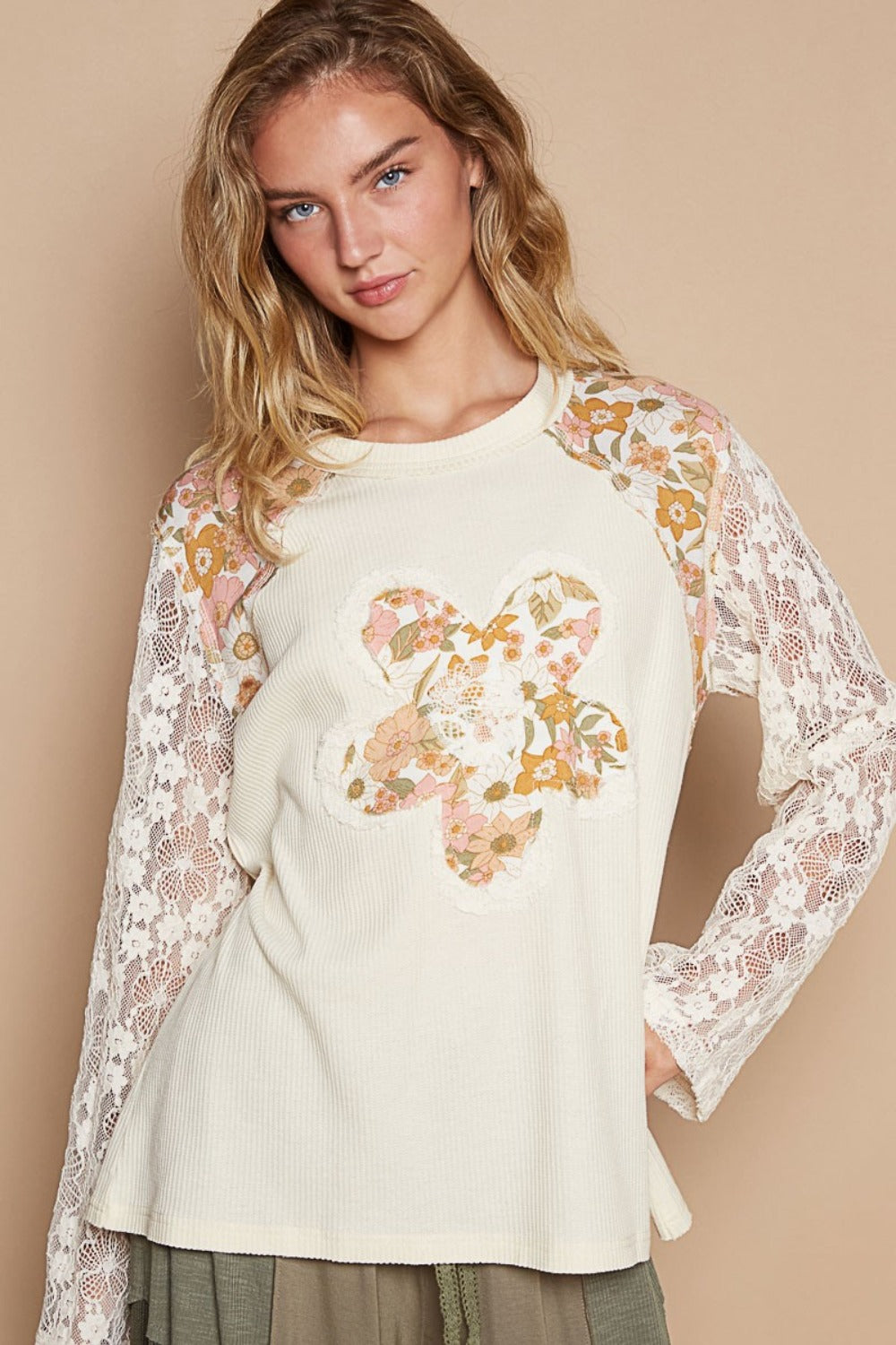 POL Flower Patch Lace Sleeve Knit Top - Charming Charlie