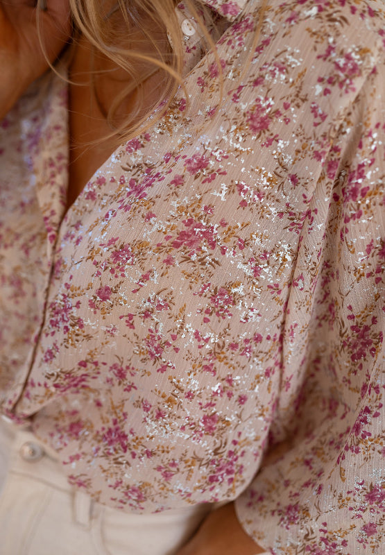 Printed Collared Neck Long Sleeve Shirt - Charming Charlie