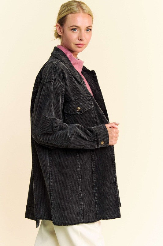 Davi & Dani Washed Corduroy Raw Hem Button Up Jacket - Charming Charlie