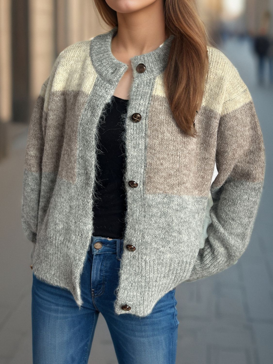 Color Block Round Neck Button Up Cardigan - Charming Charlie