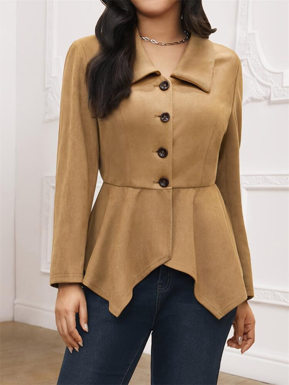 Handkerchief Hem Button Up Collared Neck Jacket - Charming Charlie