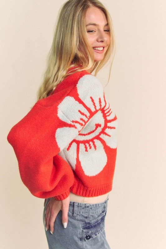 Davi & Dani Flower Contrast Round Neck Long Sleeve Cardigan - Charming Charlie