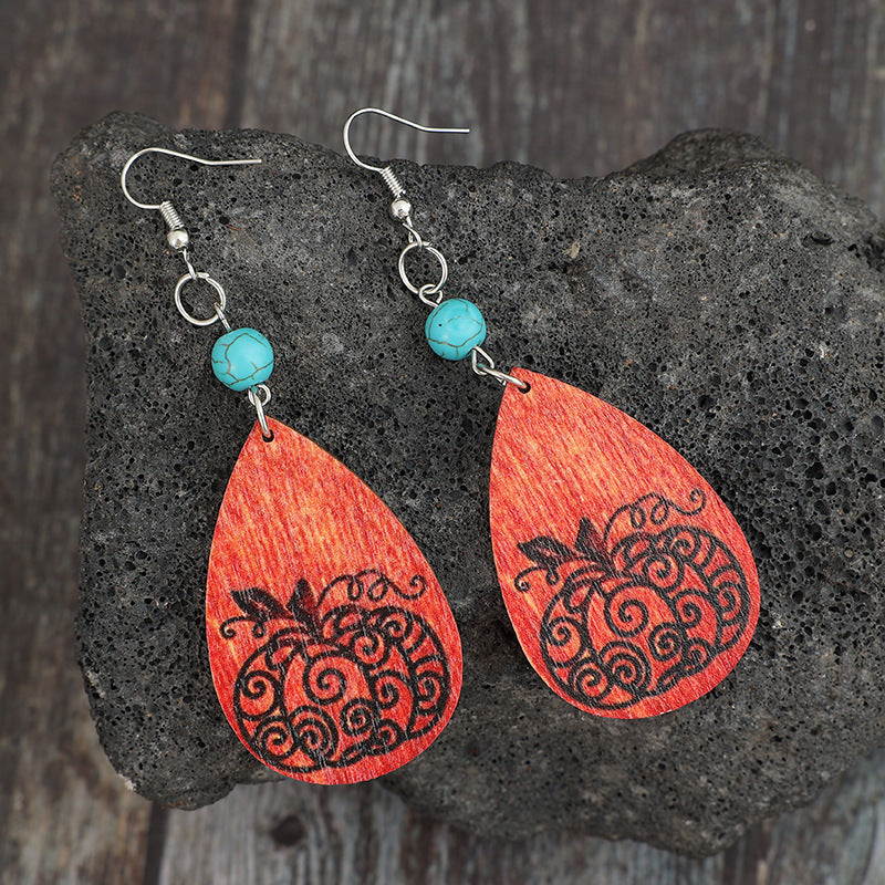 Turquoise Wooden Pumpkin Teardrop Earrings - Charming Charlie