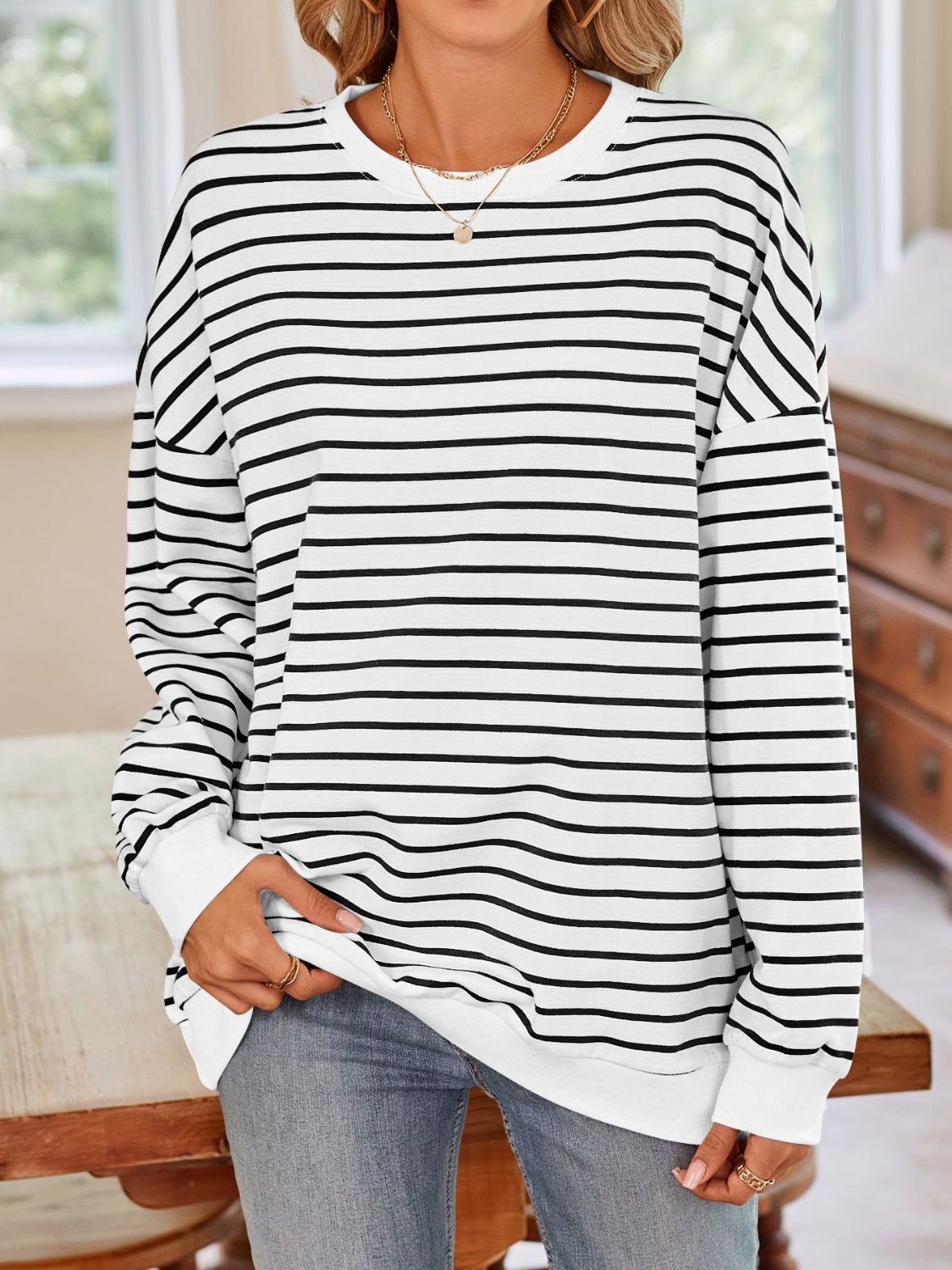 Striped Round Neck Long Sleeve Sweatshirt - Charming Charlie