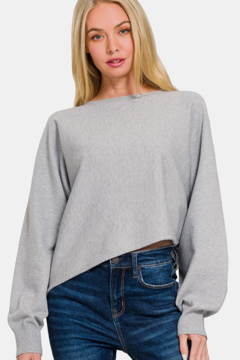Zenana Asymmetric Hem Long Sleeve Sweater - Charming Charlie