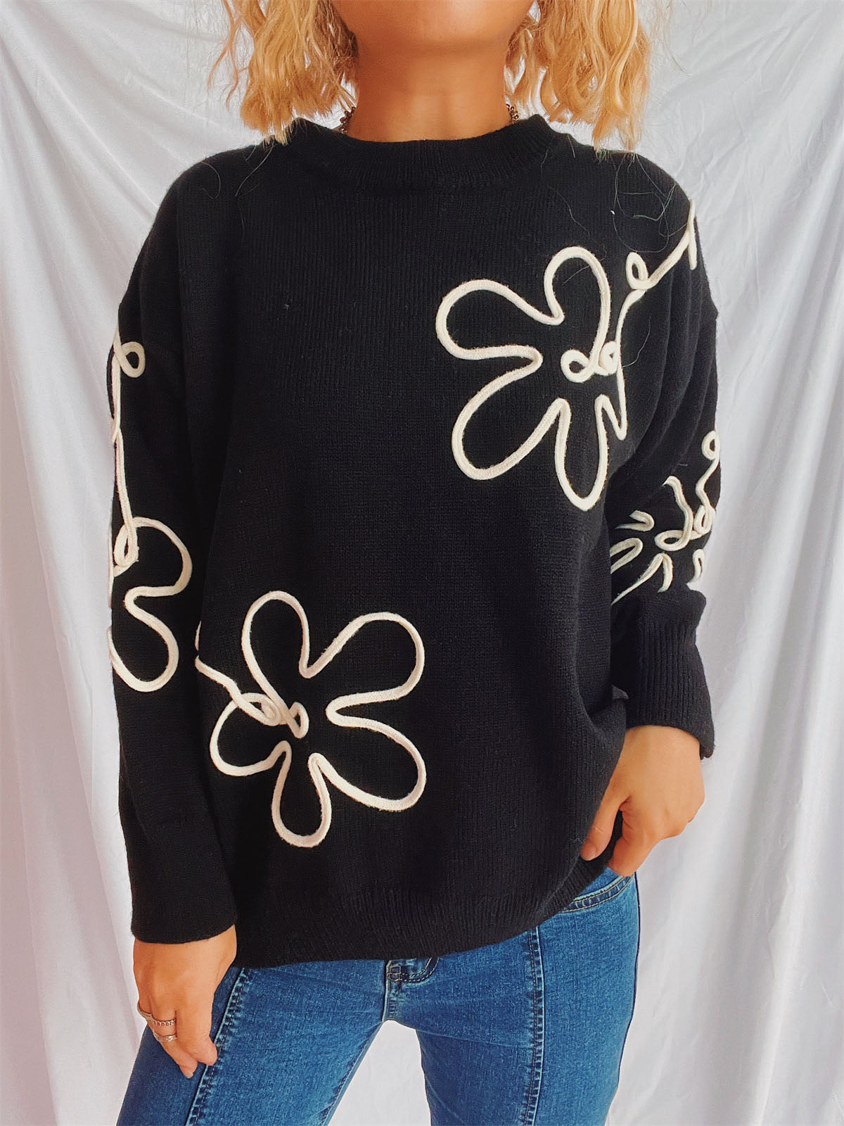 Flower Round Neck Long Sleeve Sweater - Charming Charlie