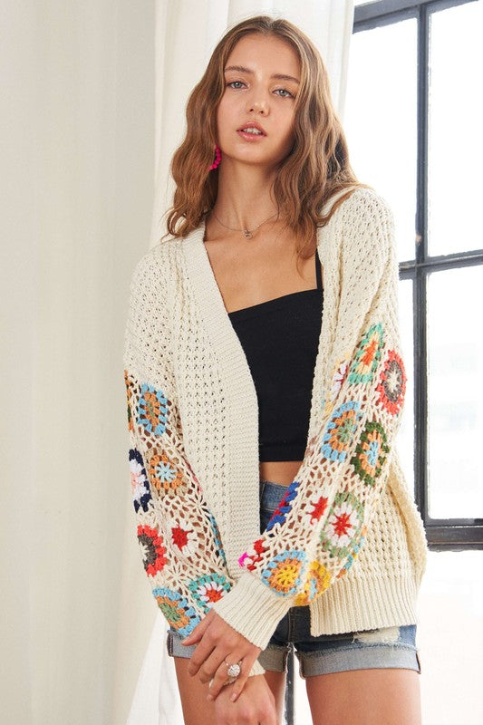 ADORA Full Size Contrast Crochet Open Front Long Sleeve Cardigan - Charming Charlie