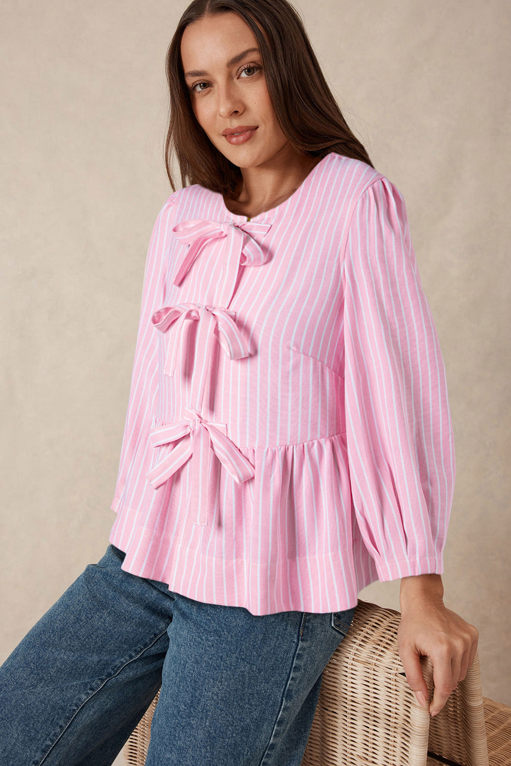 Tied Bow Striped Round Neck Blouse - Charming Charlie