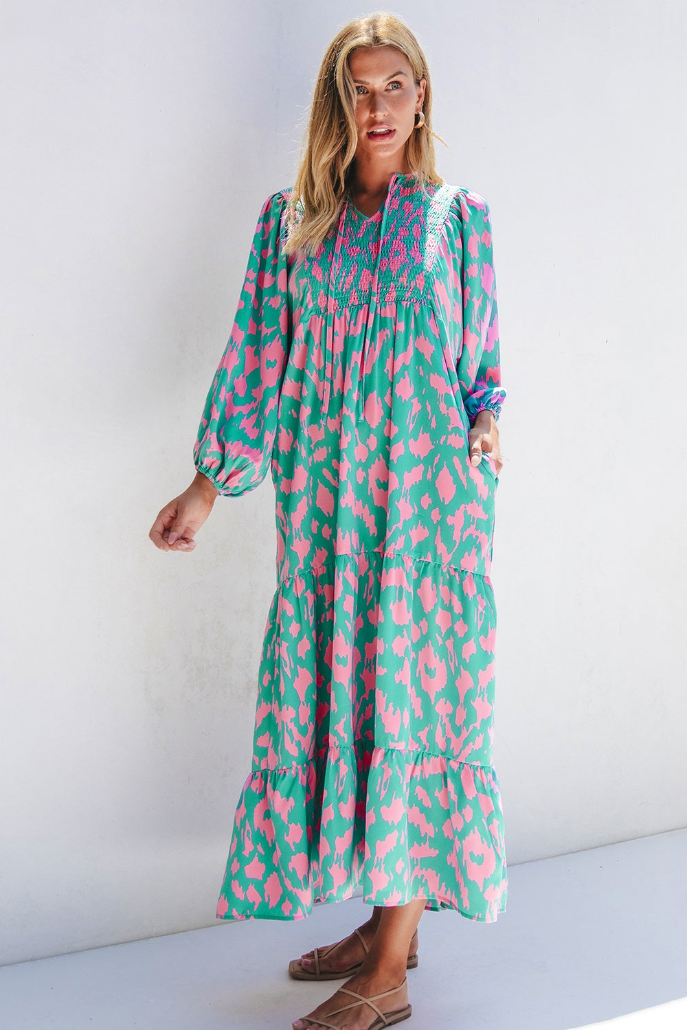 Smocked Printed Tie Neck Long Sleeve Dress - Charming Charlie