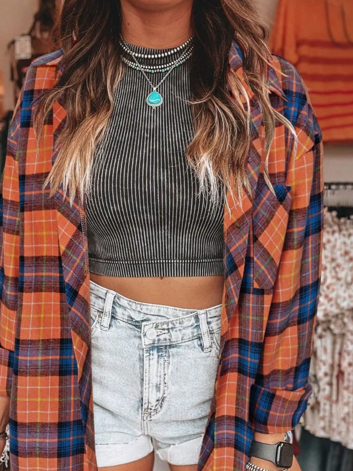 Plaid Collared Neck Long Sleeve Shirt - Charming Charlie