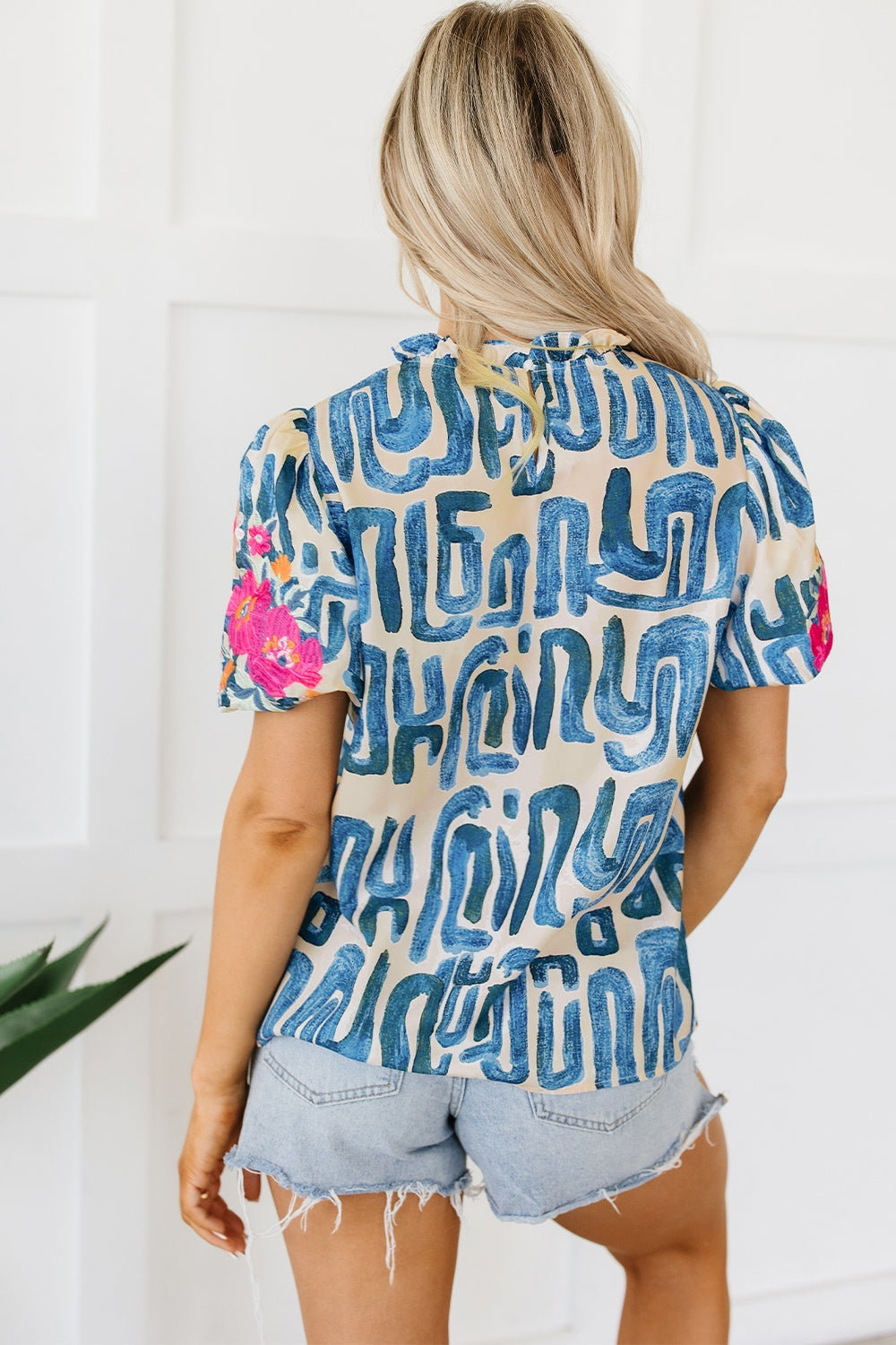 Embroidered Printed Mock Neck Short Sleeve Blouse - Charming Charlie