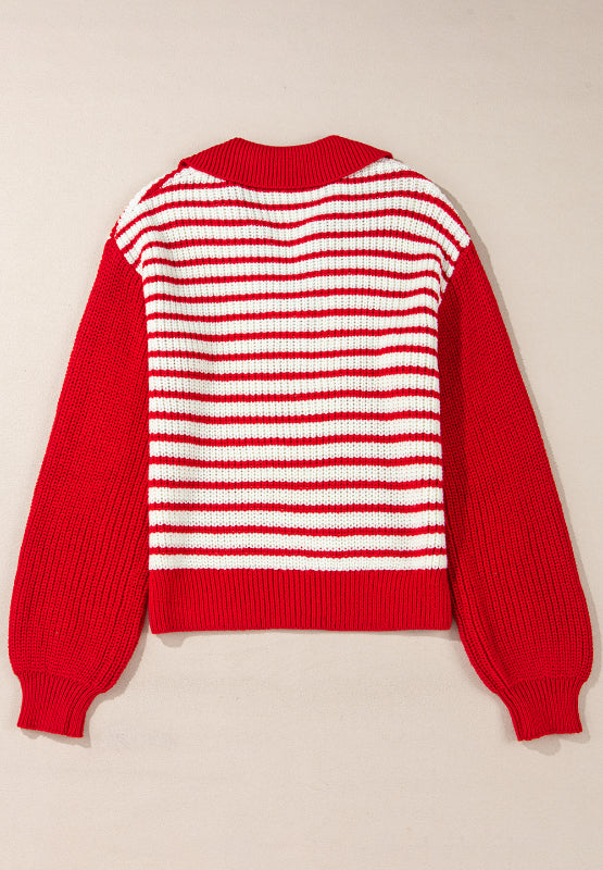 Striped Johnny Collar Long Sleeve Sweater - Charming Charlie