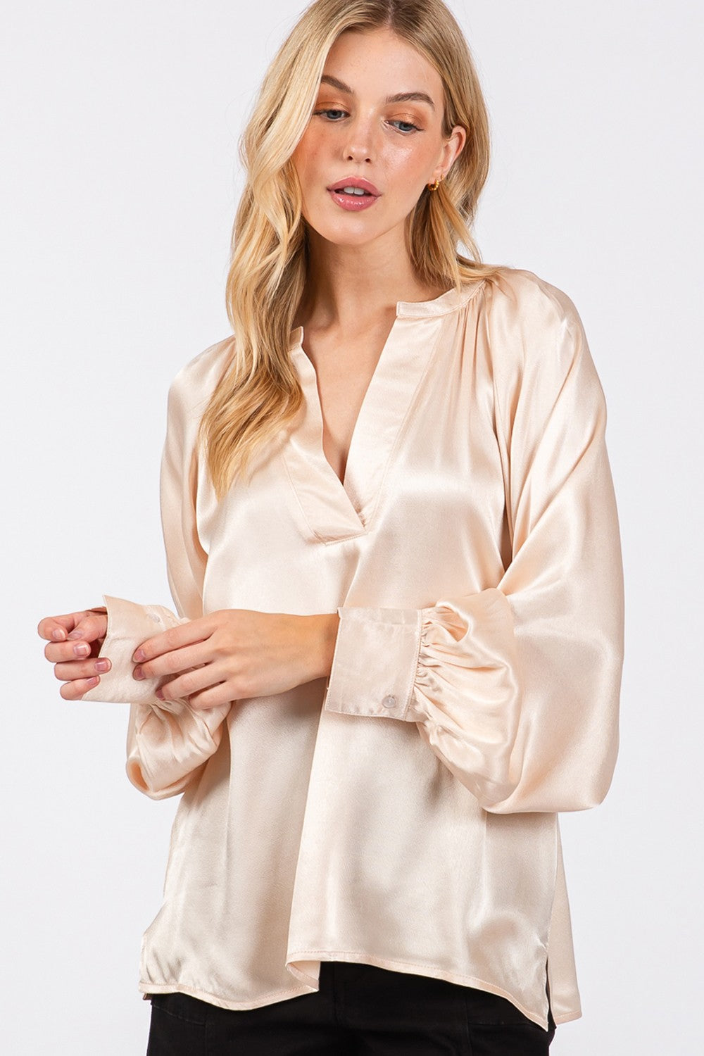 SAGE + FIG Notched Long Sleeve Blouse - Charming Charlie