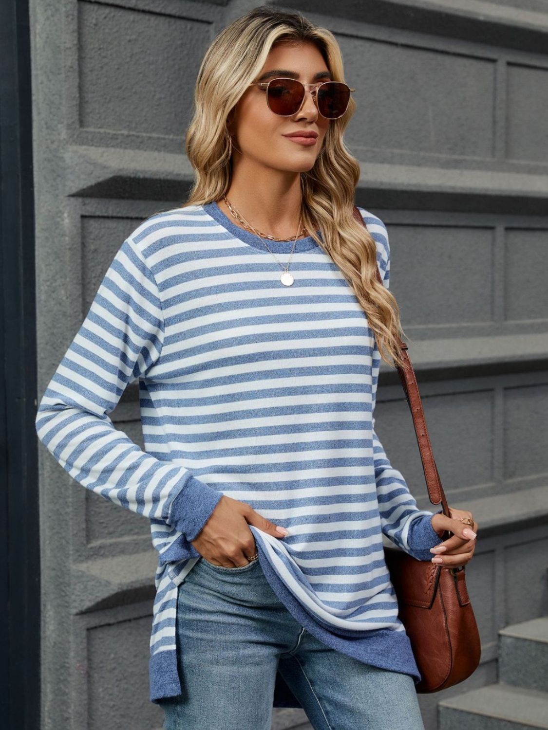 Striped Round Neck Long Sleeve T-Shirt - Charming Charlie