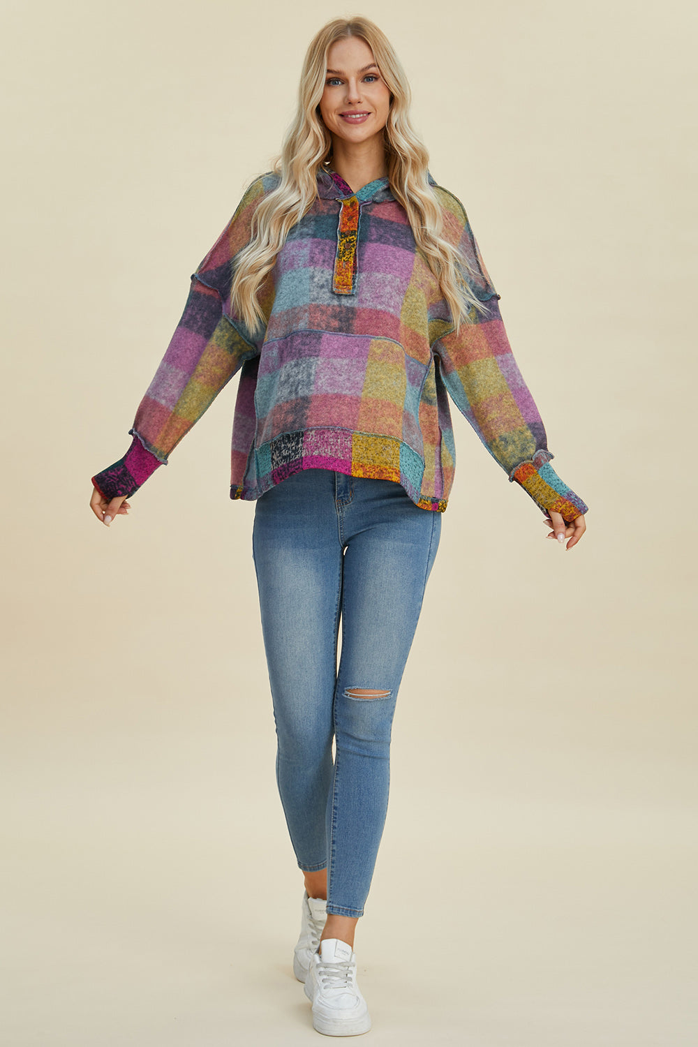 Double Take Full Size Plaid Dropped Shoulder Fleece Hoodie - Charming Charlie