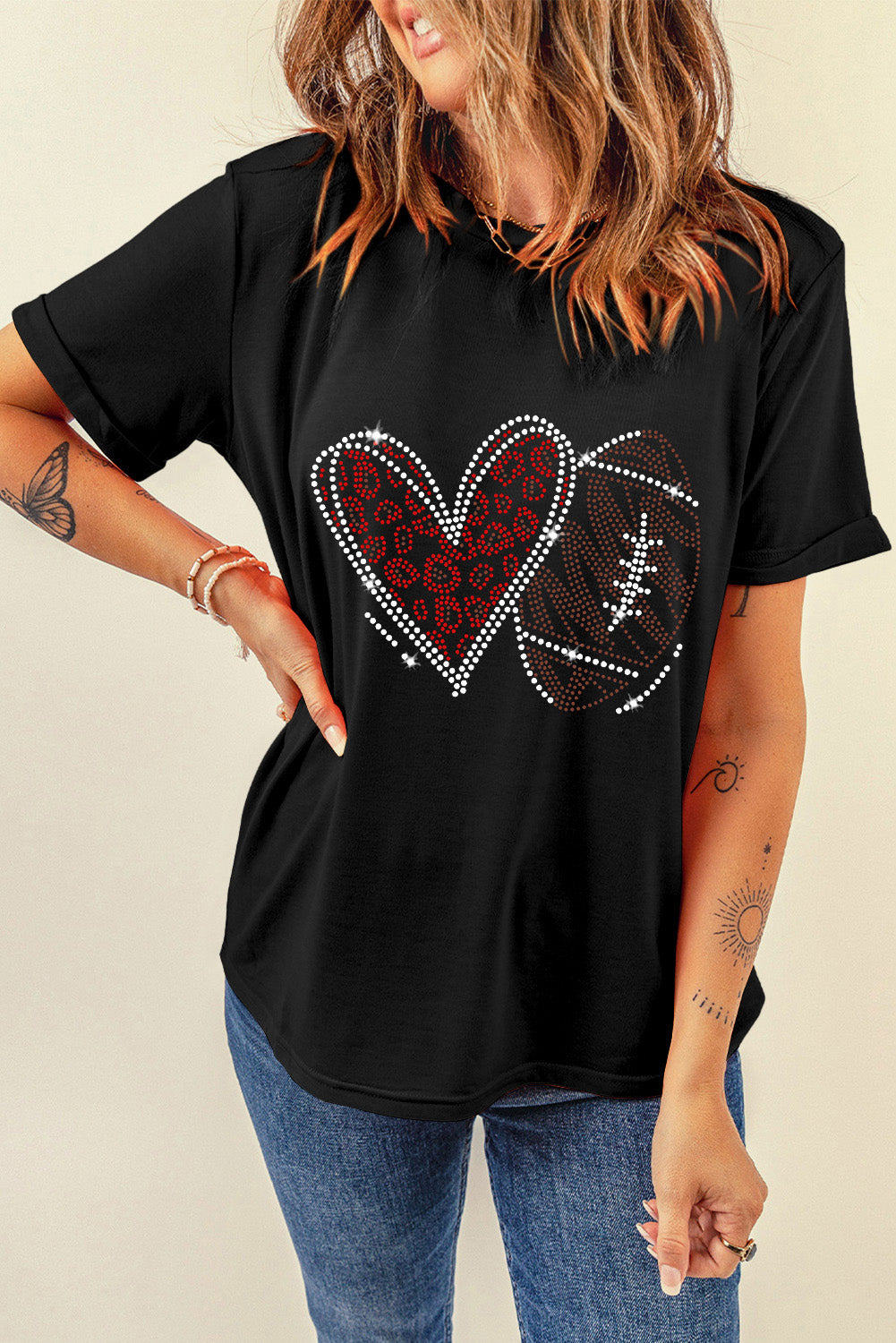 Rhinestone Round Neck Short Sleeve T-Shirt - Charming Charlie