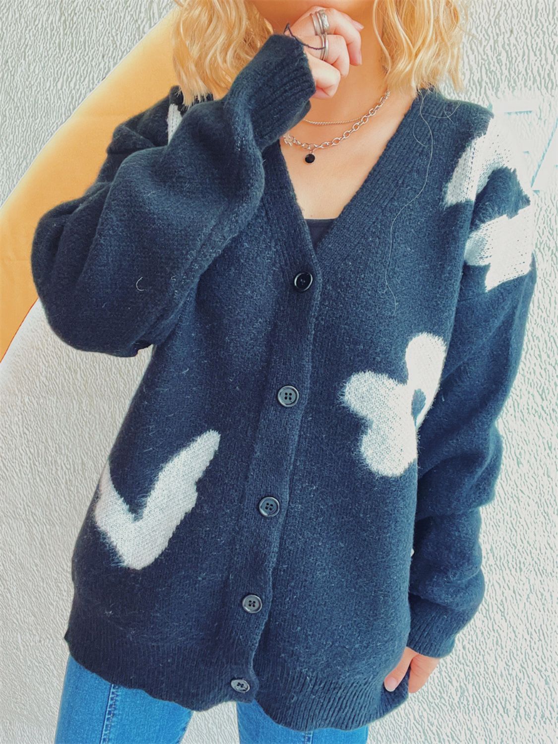 Flower Button Down V-Neck Long Sleeve Cardigan - Charming Charlie