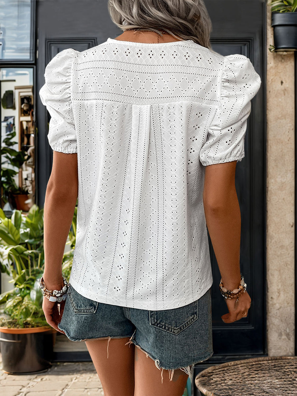 Lace Detail Eyelet V-Neck Short Sleeve Blouse - Charming Charlie