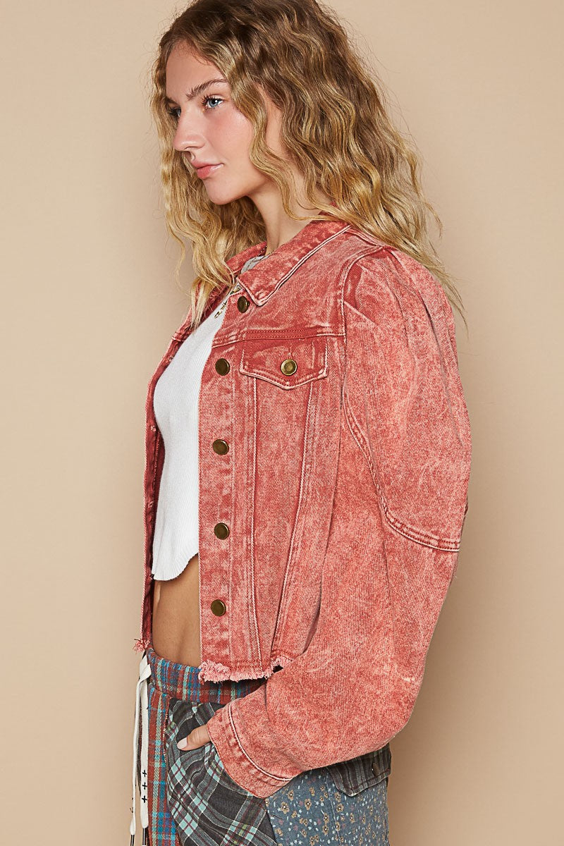 POL Raw Hem Button Up Cropped Denim Jacket - Charming Charlie