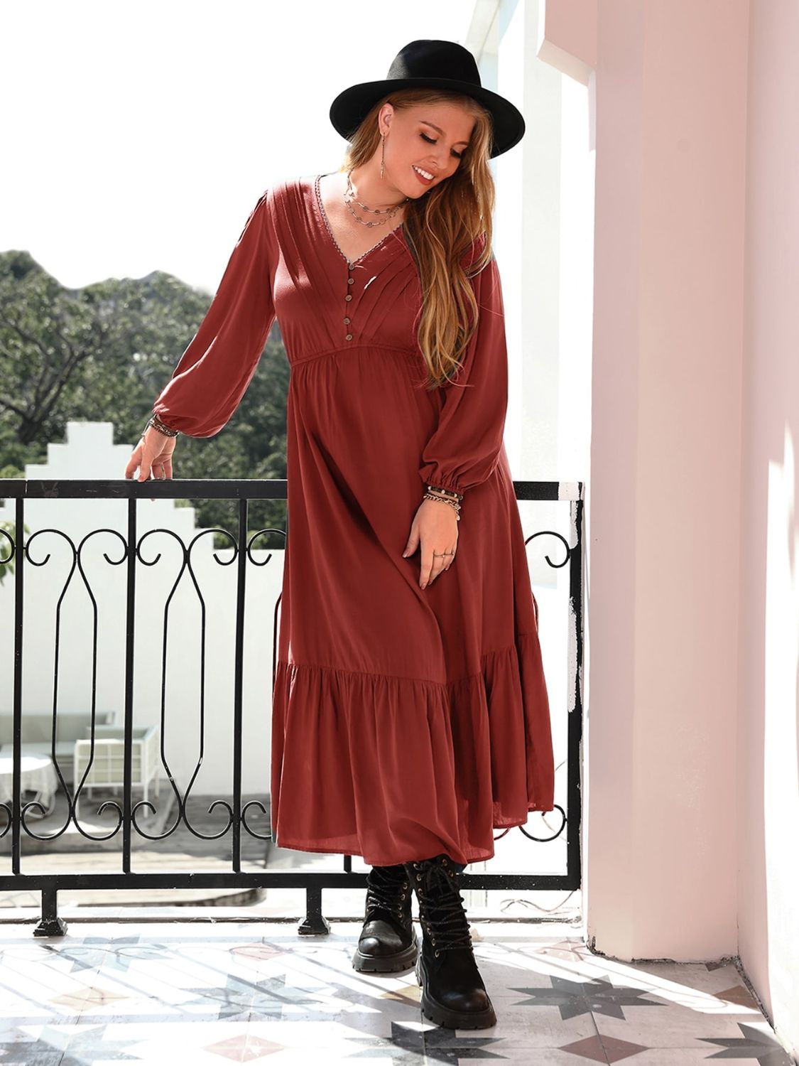 Plus Size Quarter Button V-Neck Long Sleeve Dress - Charming Charlie