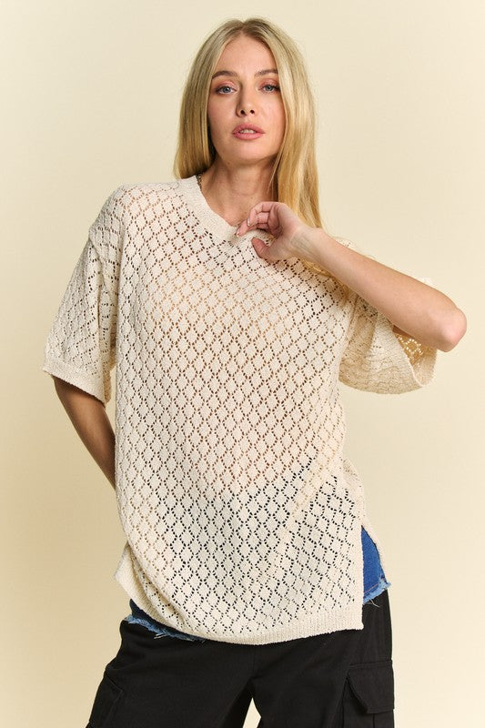 Davi & Dani Side Slit Openwork Round Neck Half Sleeve Knit Cover Up - Charming Charlie
