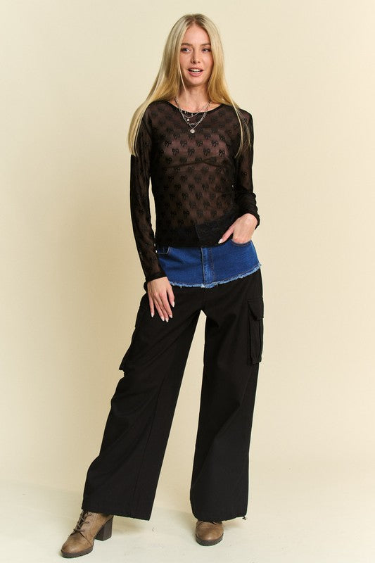 Davi & Dani Bow Mesh Round Neck Long Sleeve Top - Charming Charlie