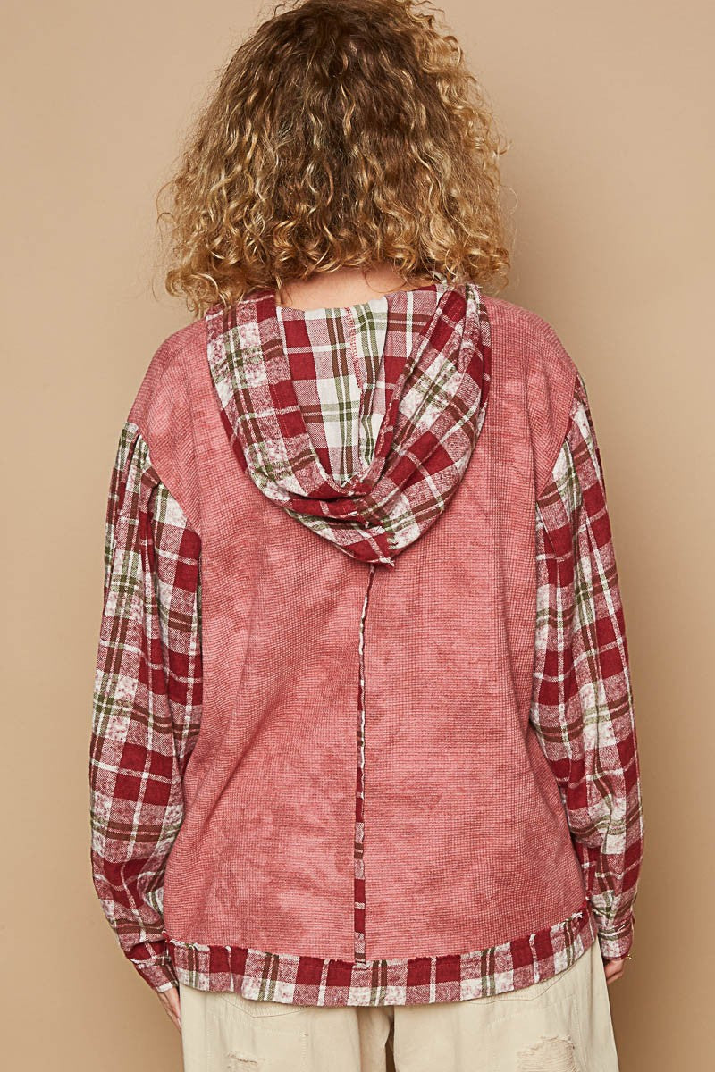 POL Star Patch Plaid Long Sleeve Hooded Top - Charming Charlie