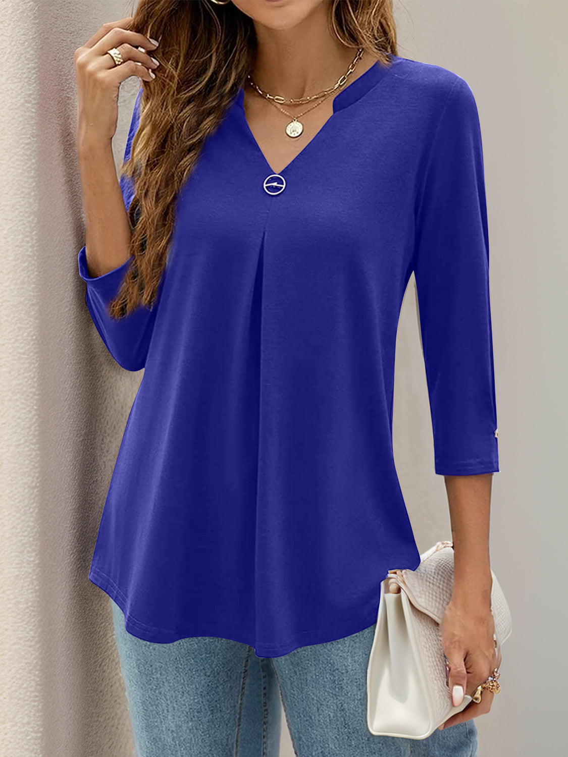 Notched Three-Quarter Sleeve T-Shirt - Charming Charlie