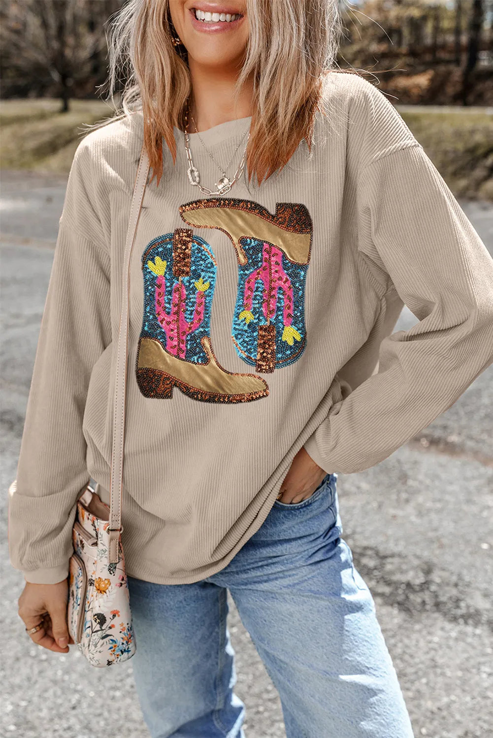 Full Size Sequin Boots Round Neck Long Sleeve Sweatshirt - Charming Charlie