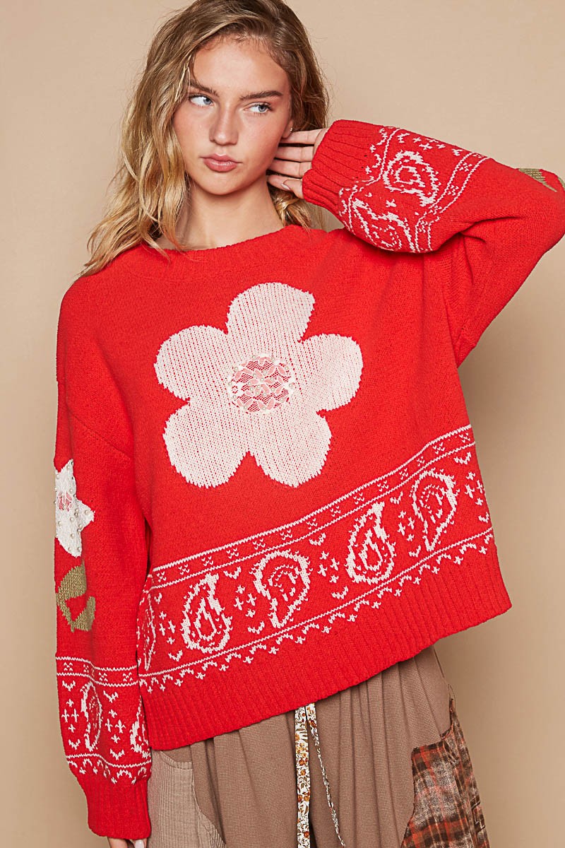 POL Flower Lace Patch Long Sleeve Sweater - Charming Charlie