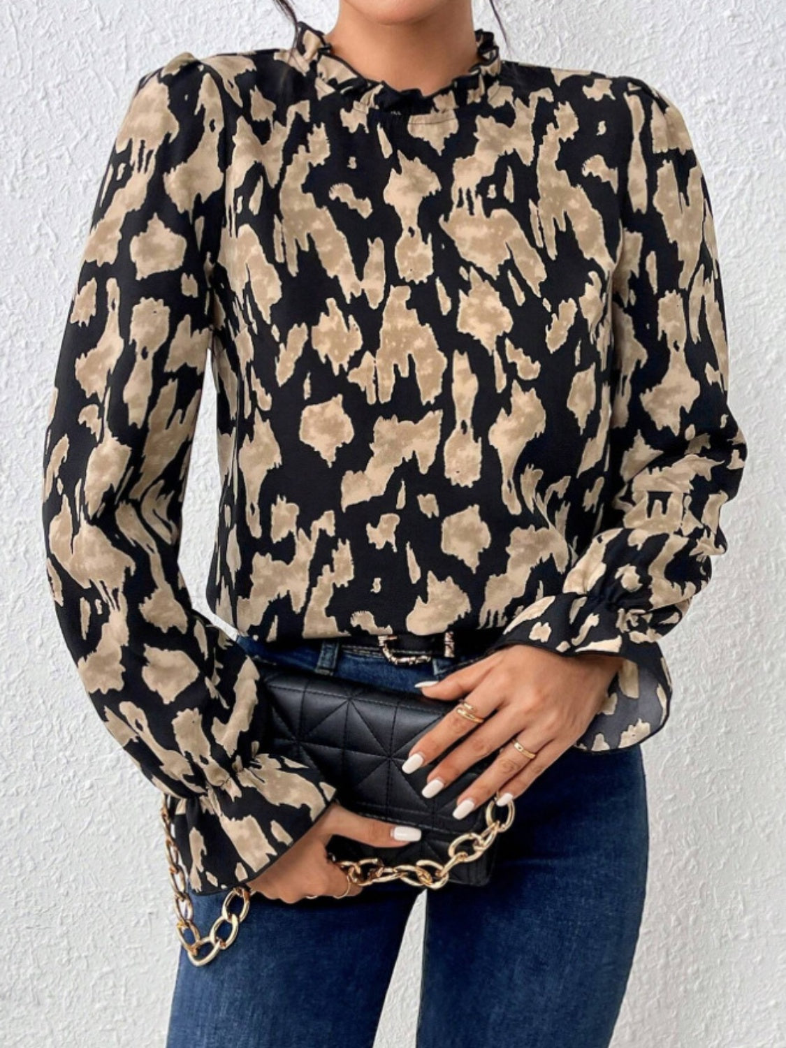 Frill Leopard Mock Neck Flounce Sleeve Blouse - Charming Charlie