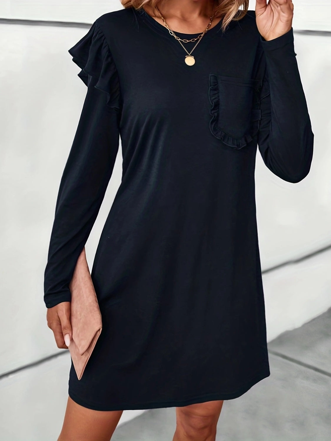 Ruffled Round Neck Long Sleeve Mini Dress - Charming Charlie