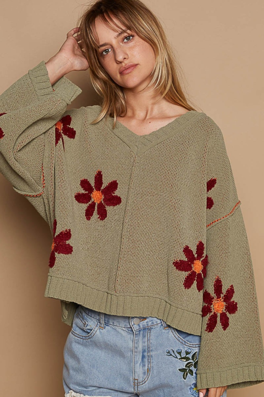 POL V-Neck Floral Pattern Chenille Sweater - Charming Charlie