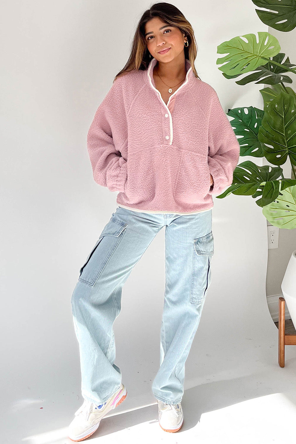 Half Snap Long Sleeve Sweatshirt with Side Slit Pockets - Charming Charlie