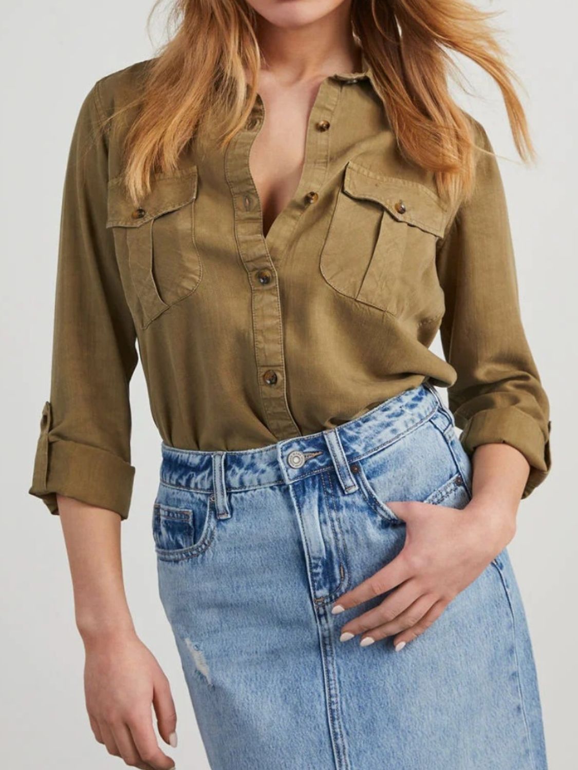 Collared Neck Roll-Tab Sleeve Denim Top - Charming Charlie