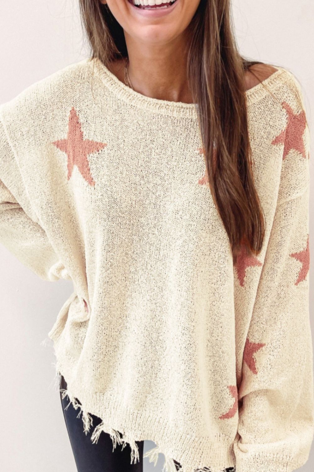Contrast Star Raw Hem Long Sleeve Knit Top - Charming Charlie