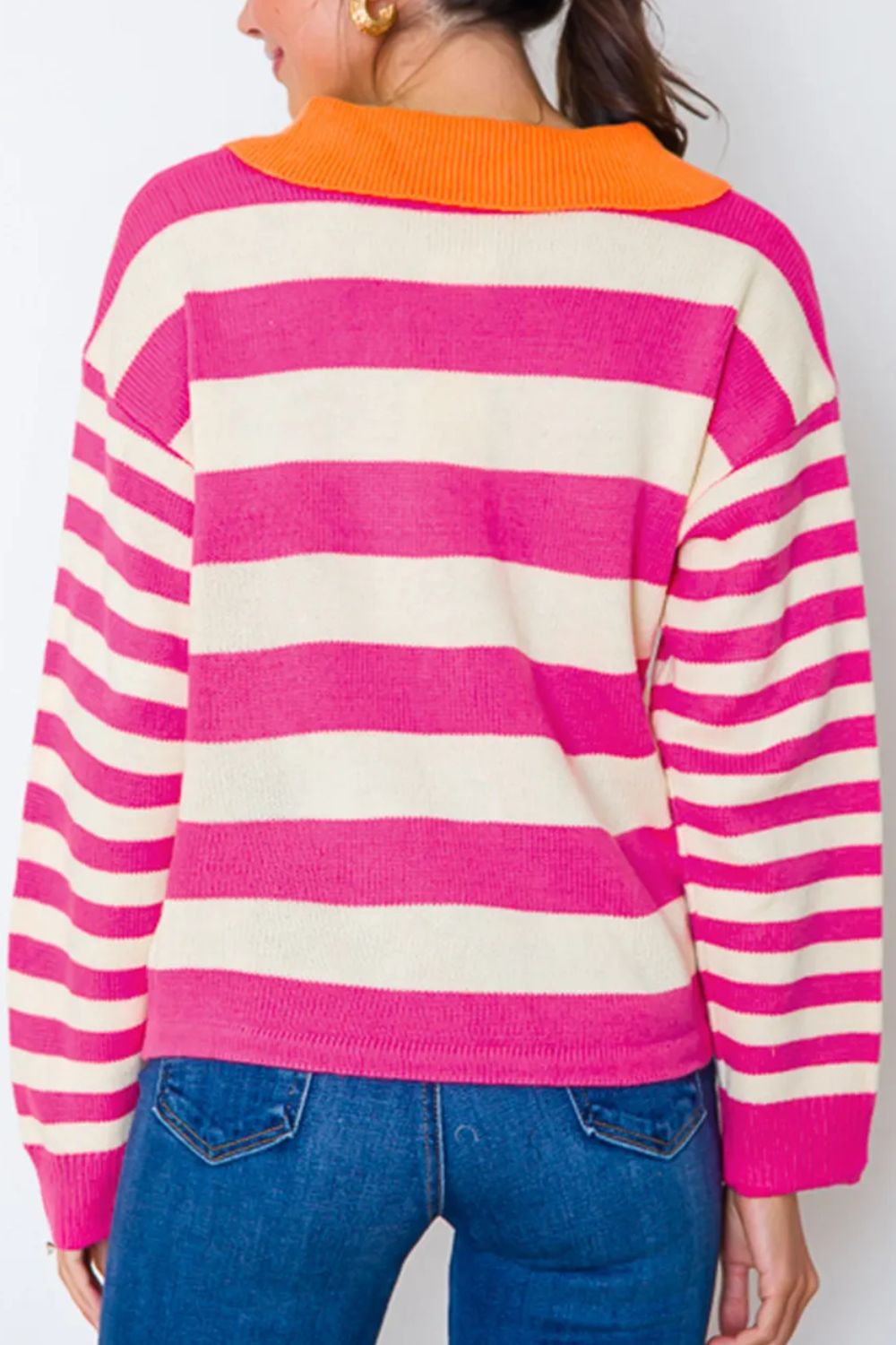 Contrast Stripes Johnny Collar Long Sleeve Sweater - Charming Charlie