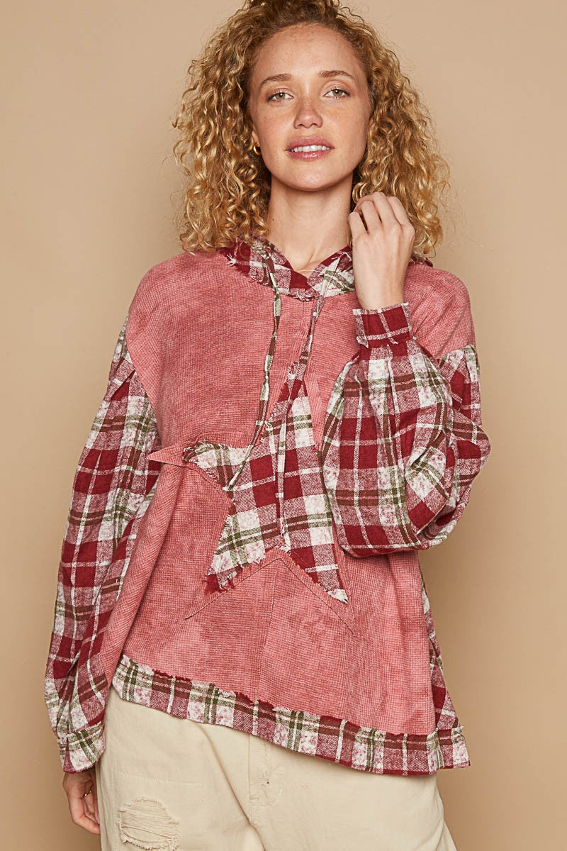 POL Star Patch Plaid Long Sleeve Hooded Top - Charming Charlie