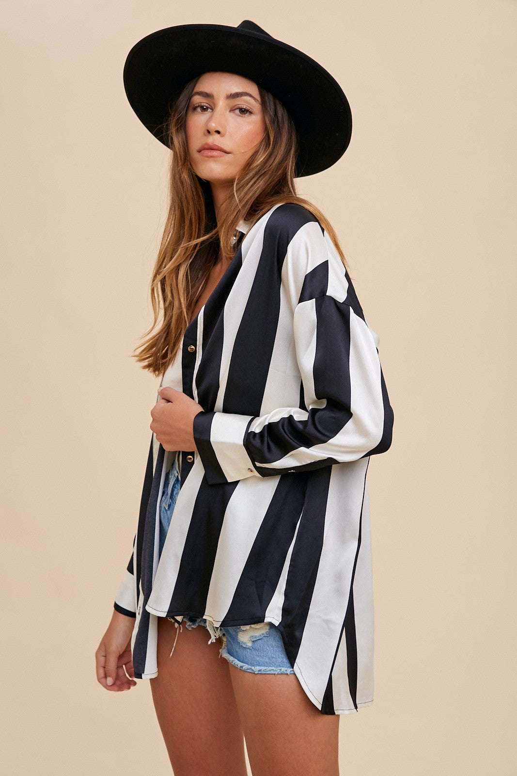Annie Wear Striped Dropped Shoulder Button Up Shirt - Charming Charlie