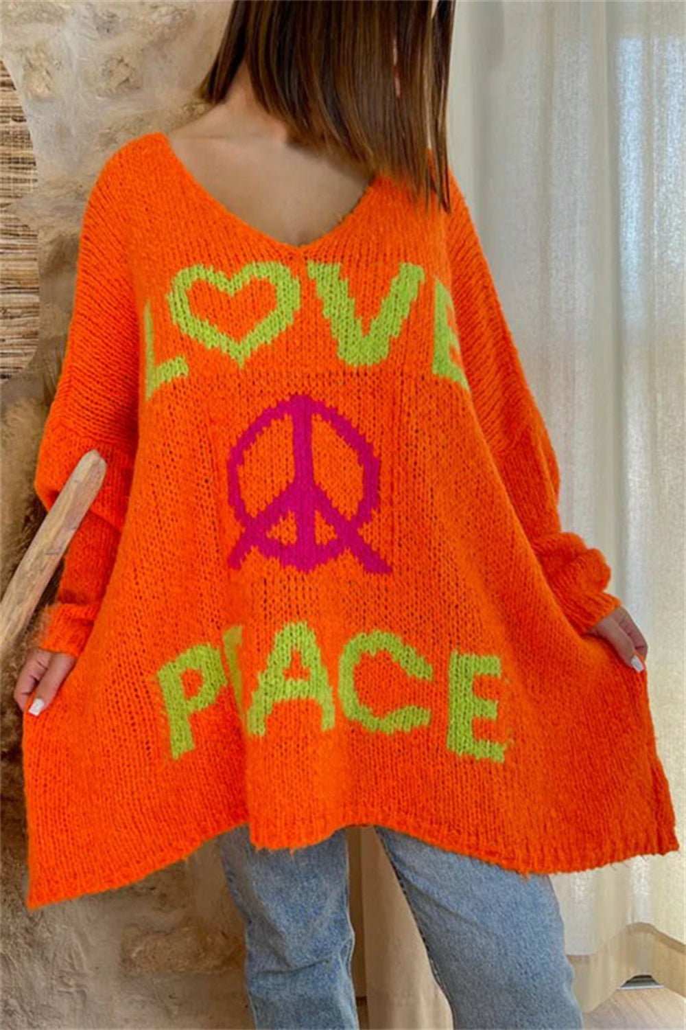 Peace Graphic V-Neck Long Sleeve Sweater - Charming Charlie