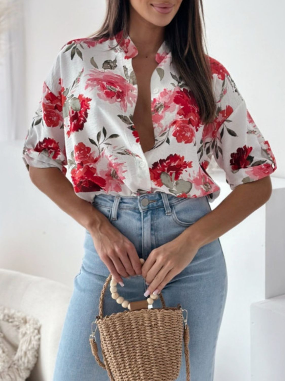 Printed Button Up Half Sleeve Shirt - Charming Charlie