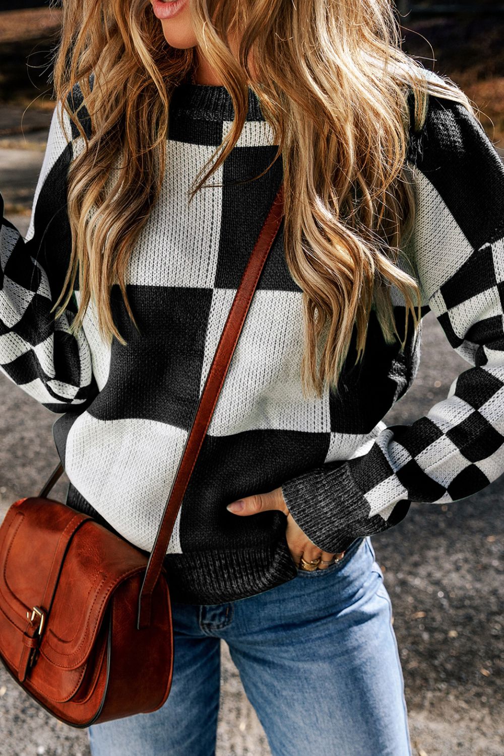 Checkered Round Neck Drop Shoulder Sweater - Charming Charlie